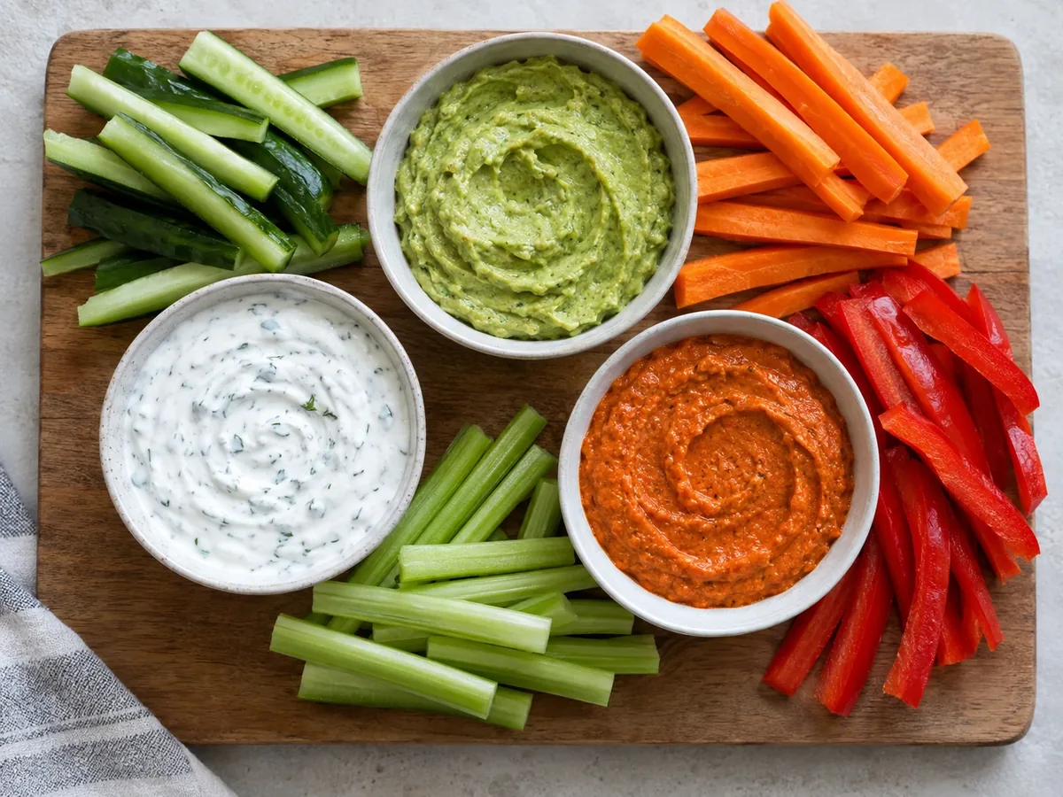 Drie kommen dipsaus met staafjes komkommer, wortel en paprika eromheen