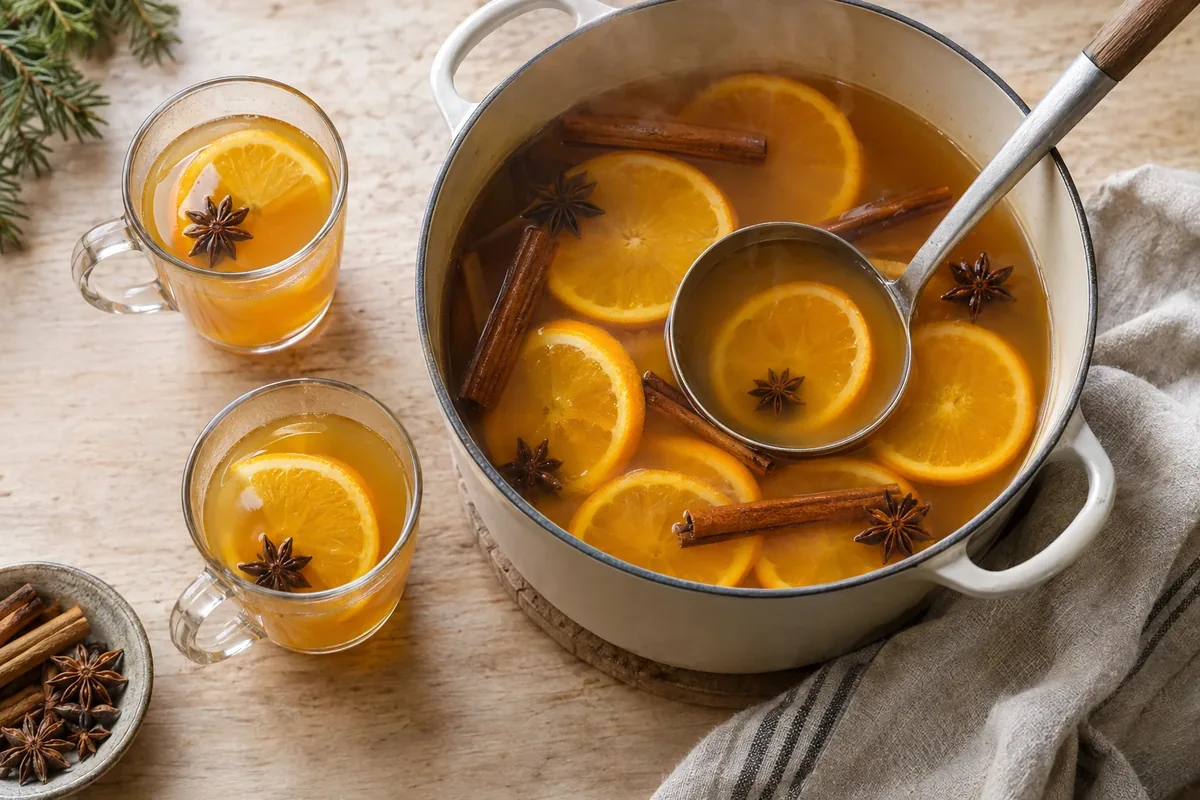 Pan warme kerstpunch met sinaasappelplakken, kaneelstokjes en steranijs naast twee glazen