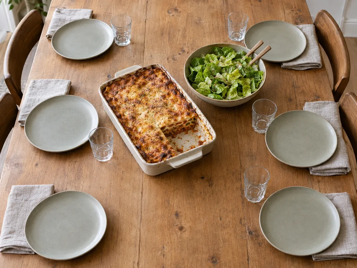 Gedekte tafel voor zes met een aangesneden ovenschaal lasagne en een schaal groene salade