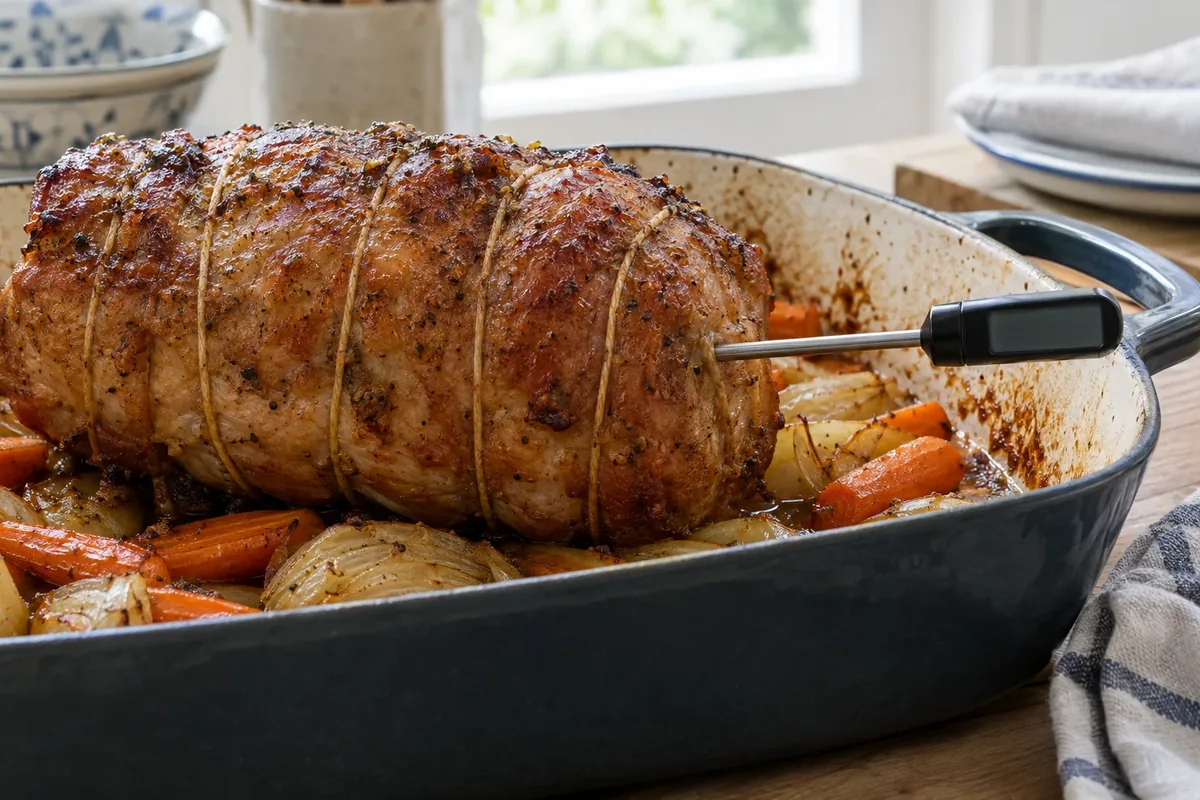 Kernthermometer halverwege in het dikste deel van een varkensrollade in een braadpan