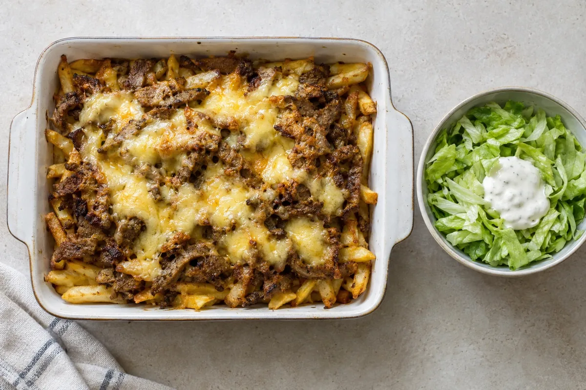 Ovenschaal met friet onder gesmolten kaas, vlees en koude sla ernaast