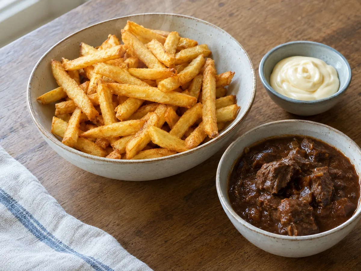 Schaal verse friet met daarnaast een bakje mayonaise en een stuk vlees in jus