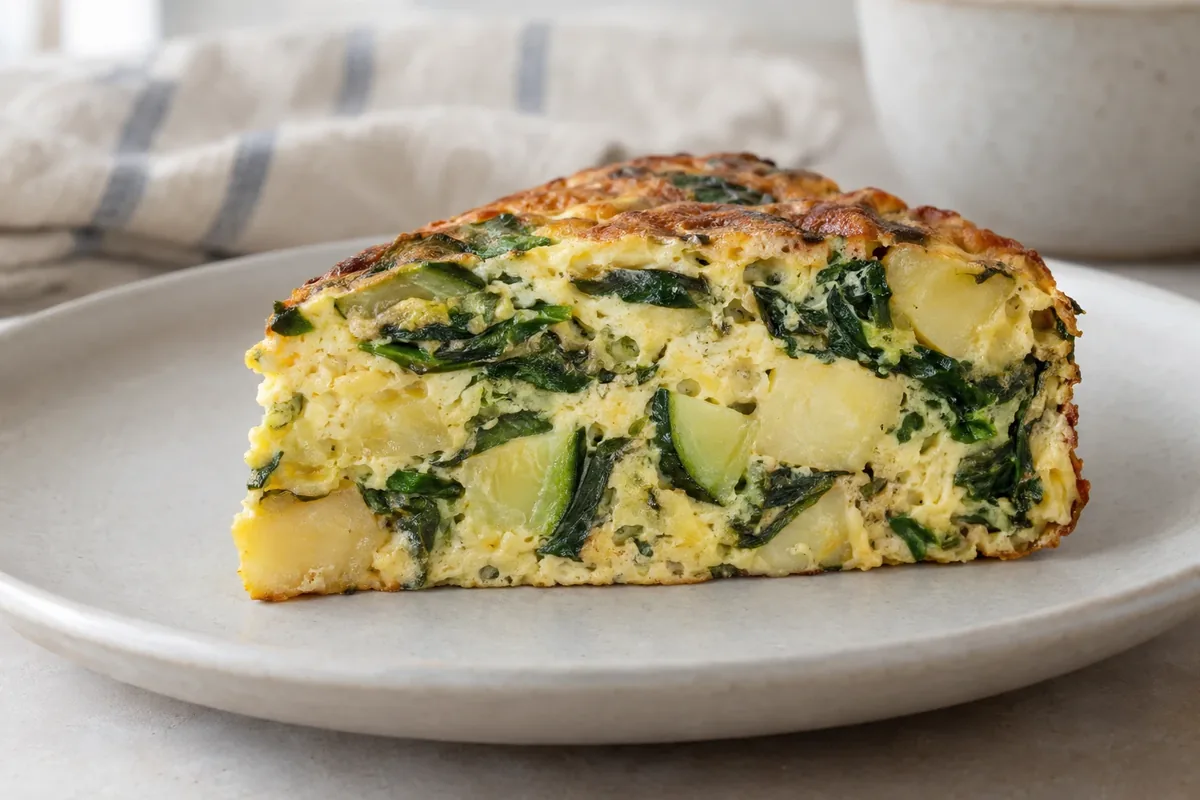 Doorsnede van een punt frittata met zichtbare groente in het gestolde ei