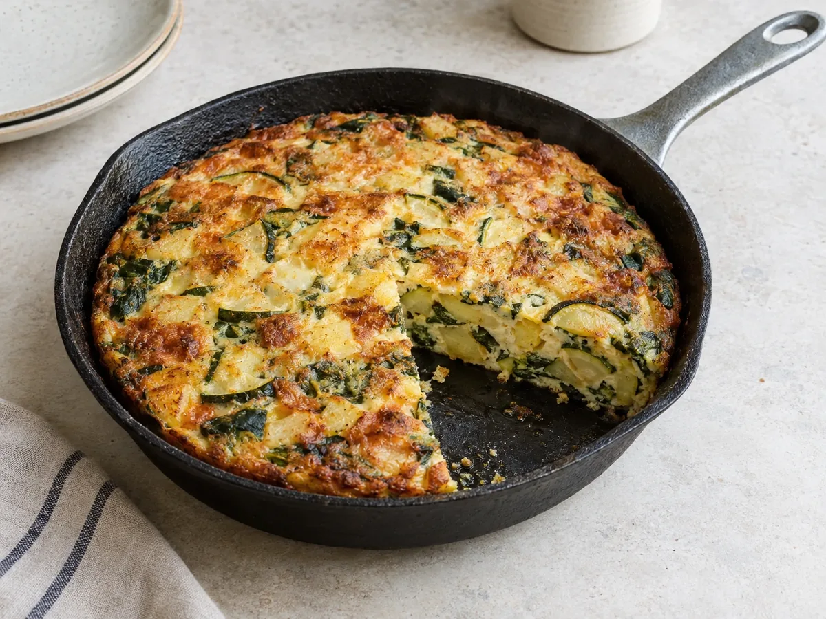 Een frittata in een koekenpan met één punt eruit gesneden