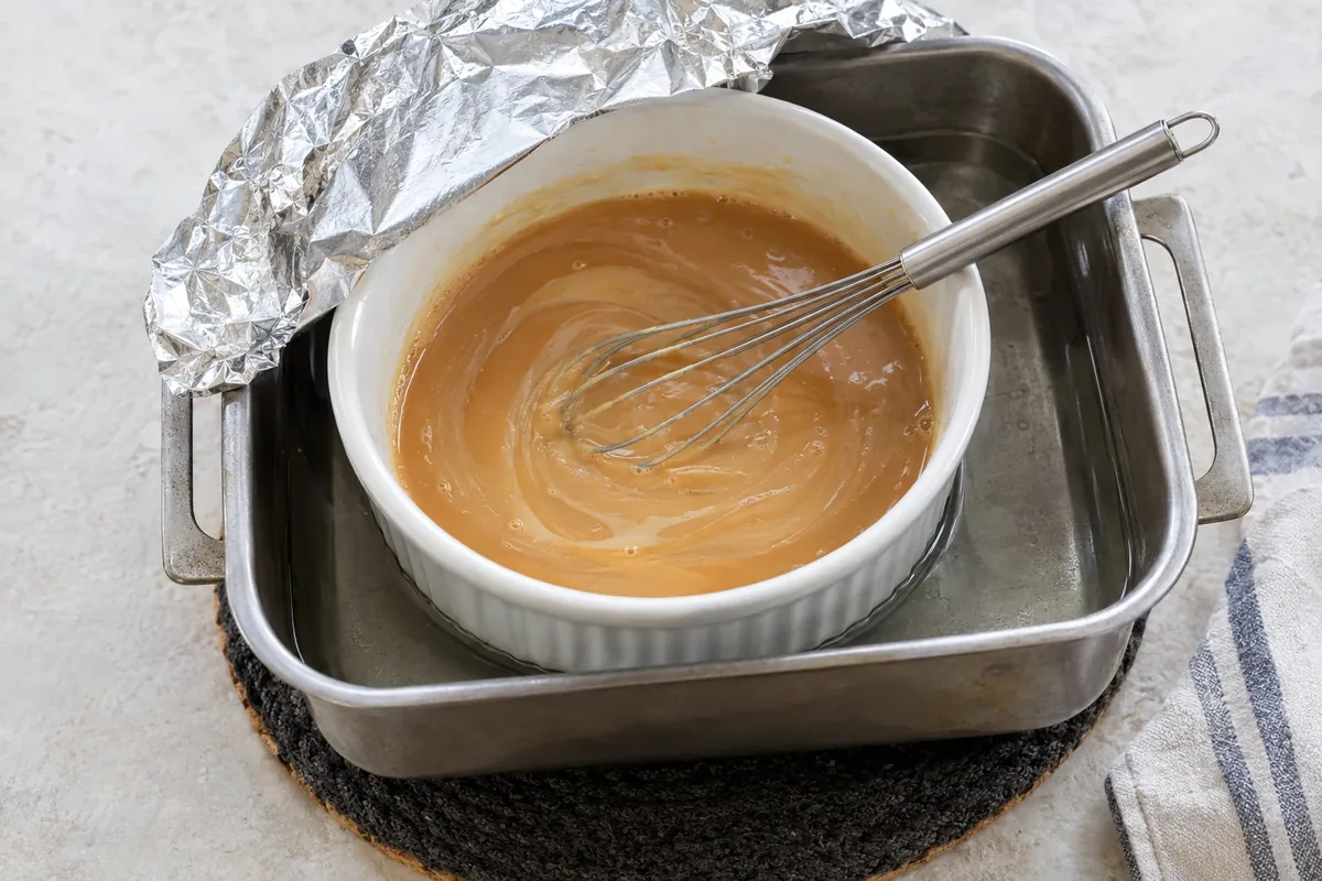 Ovenschaal met melk in een waterbad, halverwege bruin geworden