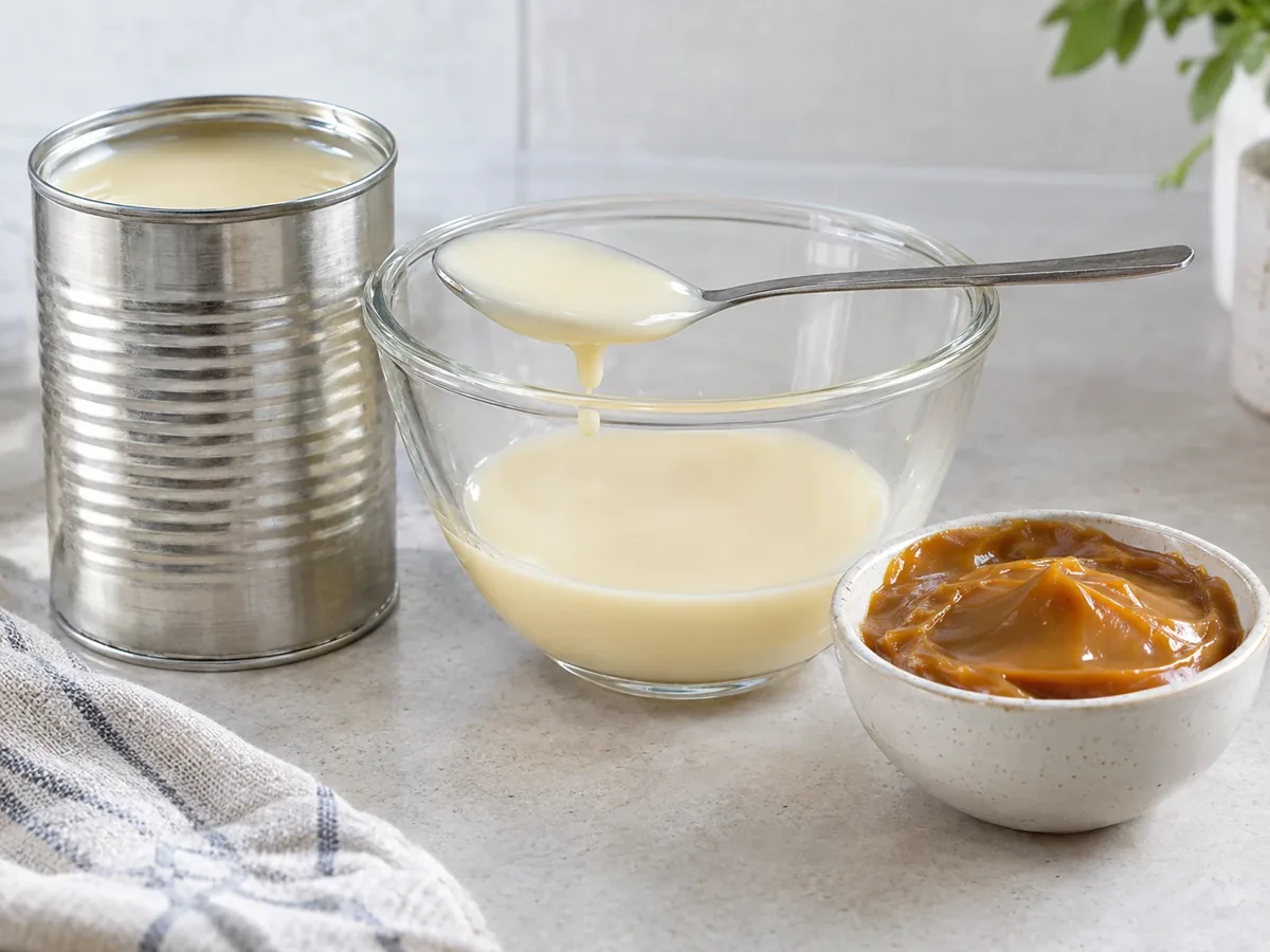 Geopend blik gecondenseerde melk met een lepel dikke witte melk ernaast