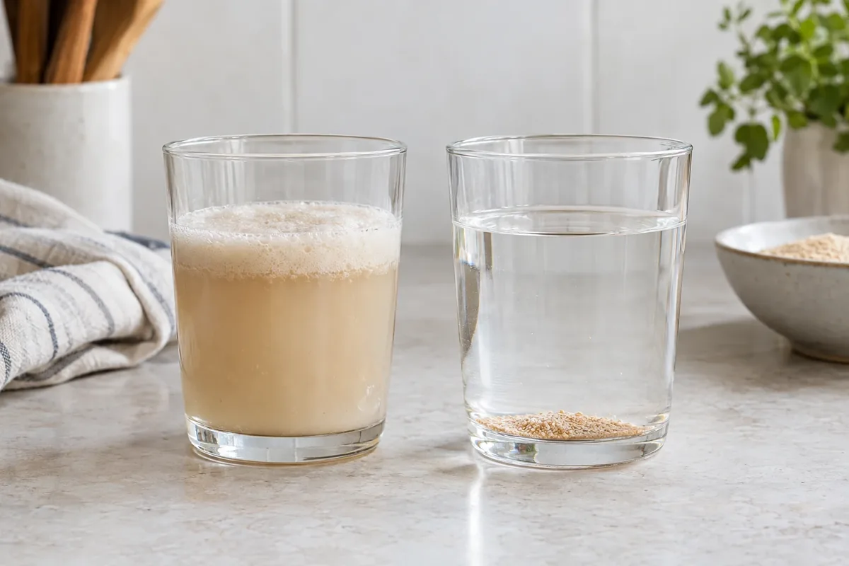 Glas lauw water met schuimende gist naast een glas waarin de gist niets doet