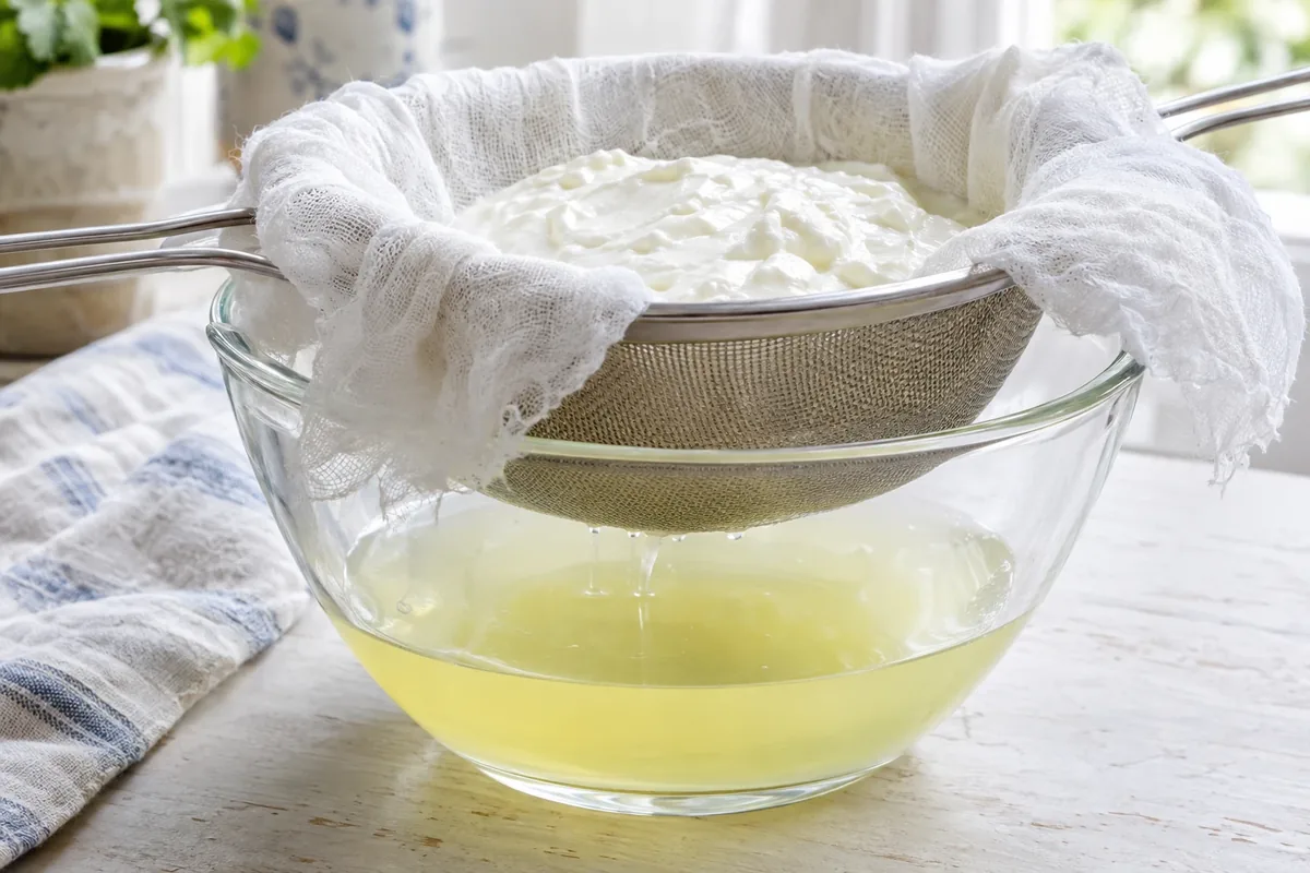 Yoghurt die uitlekt in een zeef met kaasdoek boven een kom met wei