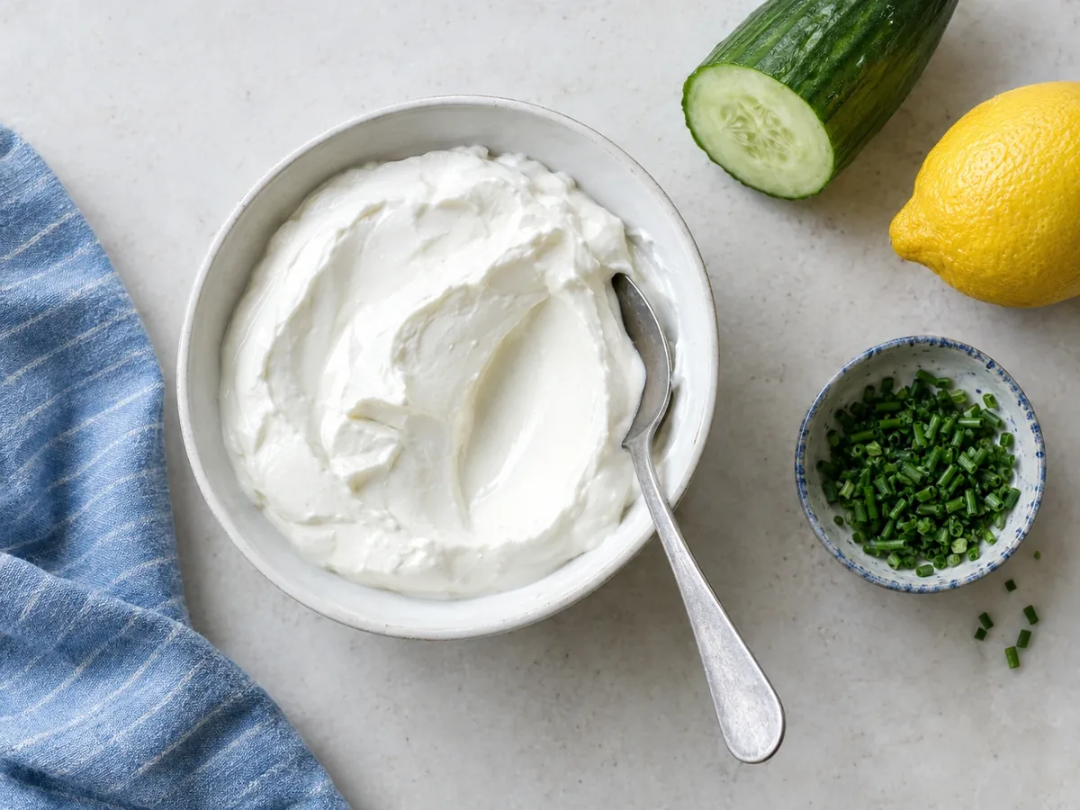 Een kom dikke Griekse yoghurt met een lepel op de rand, met komkommer, citroen en bieslook ernaast