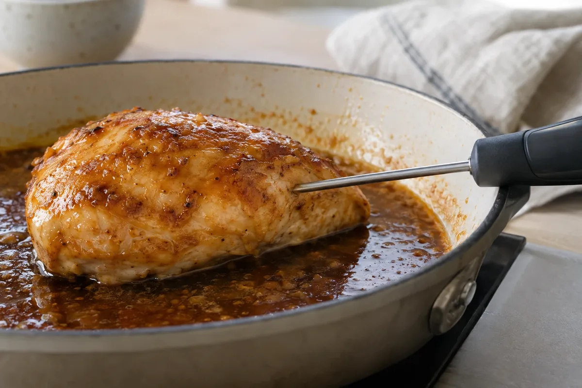 Een kernthermometer van opzij in het dikste deel van een kipfilet in de saus
