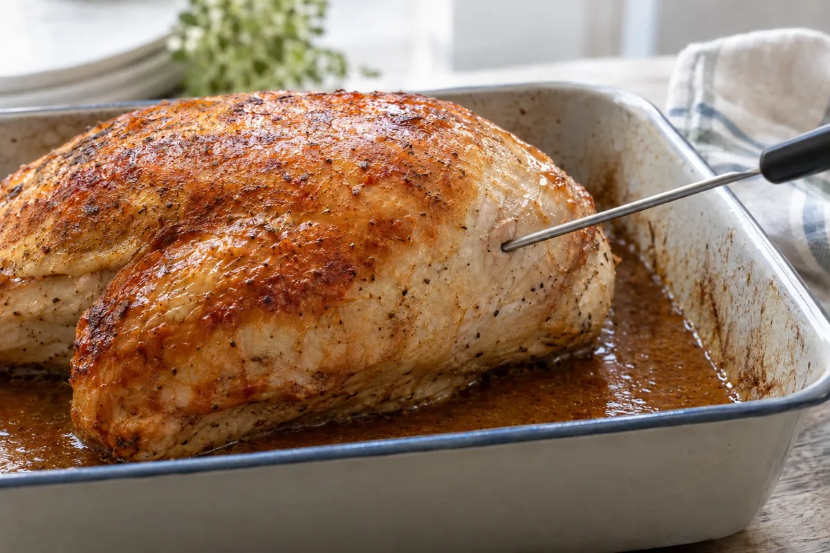 Kernthermometer in het dikste deel van een kalkoenfilet