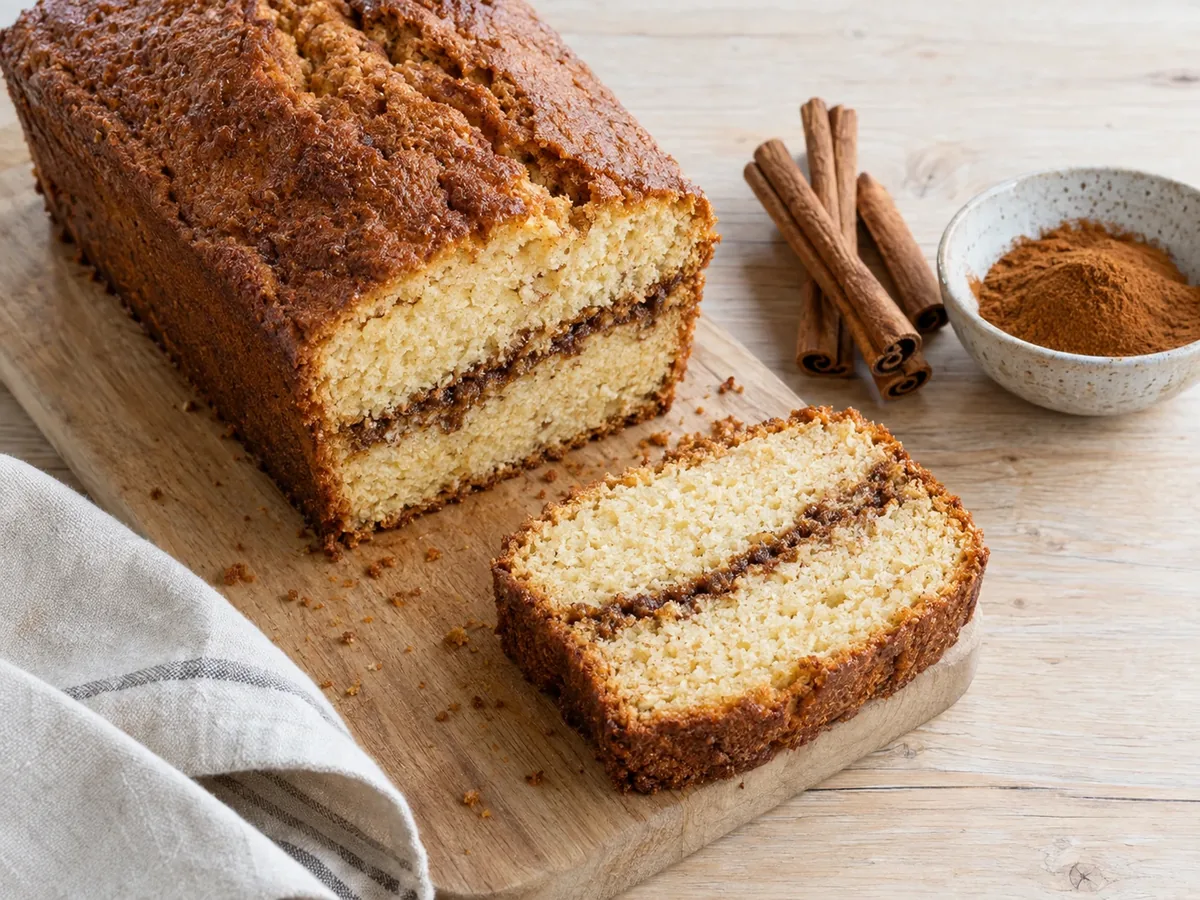 Plak kaneelcake met een donkere kaneellaag naast kaneelstokjes en een schaaltje gemalen kaneel