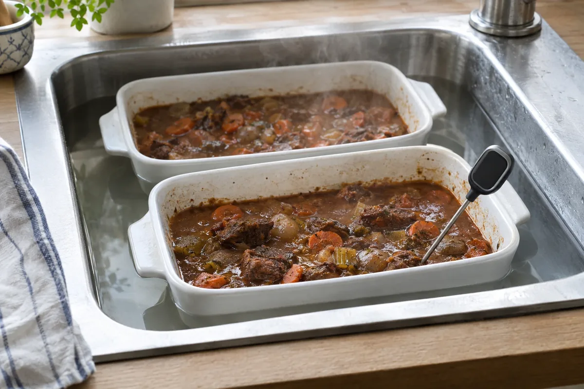 Twee ondiepe schalen stoofpot in een gootsteen met koud water, met een thermometer in de voorste