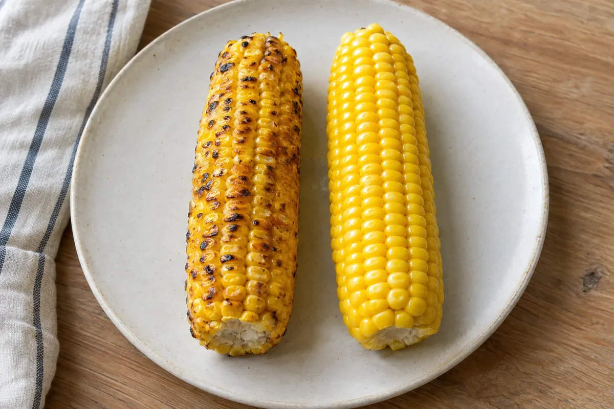 Gegrilde maiskolf met bruine plekjes naast een gekookte gele kolf