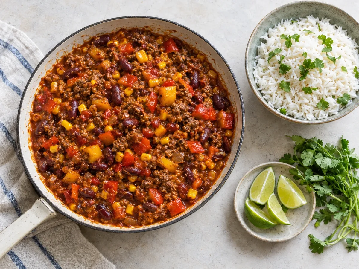 Pan met gekruid gehakt, paprika, mais en bonen, met rijst en limoen ernaast