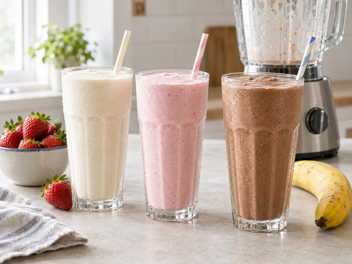 Drie hoge glazen milkshake in verschillende kleuren met rietjes ernaast
