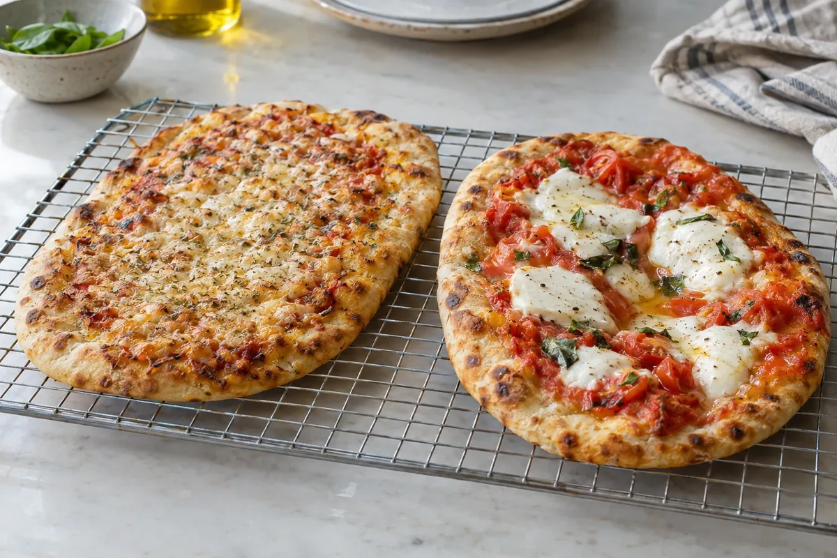 Twee belegde naanbroden op een rooster, links met een dun laagje beleg en rechts met natte tomaat en mozzarella