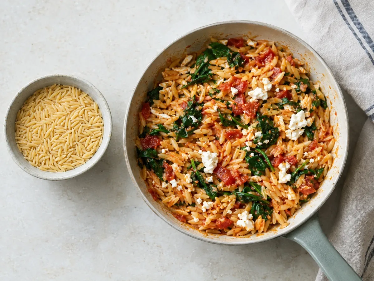 Schaaltje ongekookte orzo naast een pan met gekookte orzo en tomaat