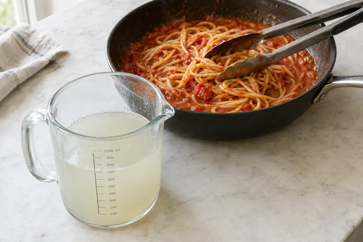 Een maatbeker troebel pastawater naast een pan spaghetti in tomatensaus met een tang erin