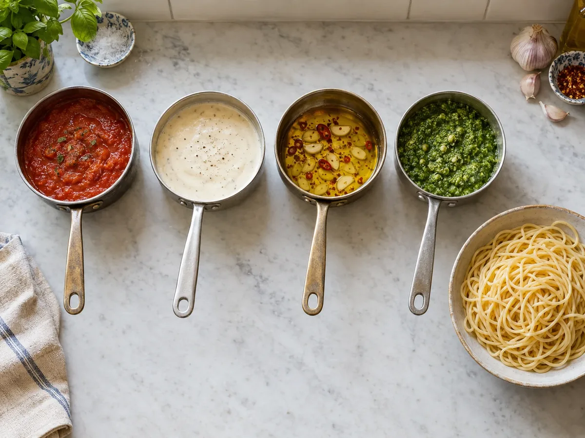 Vier pannetjes met pastasaus naast elkaar: tomaat, room, olie met knoflook en pesto