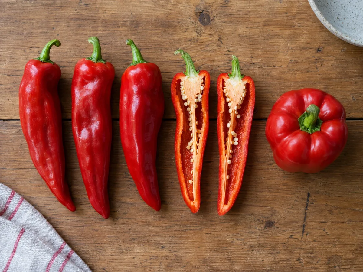 Rode puntpaprika's naast een blokpaprika op een houten plank