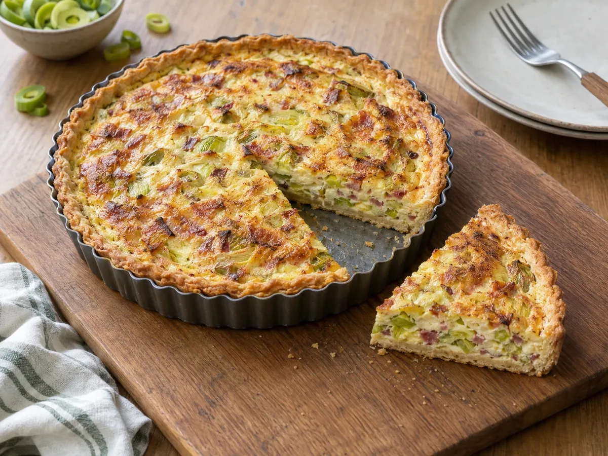 Quiche in een lage vorm met een punt eruit gesneden, de vulling zichtbaar