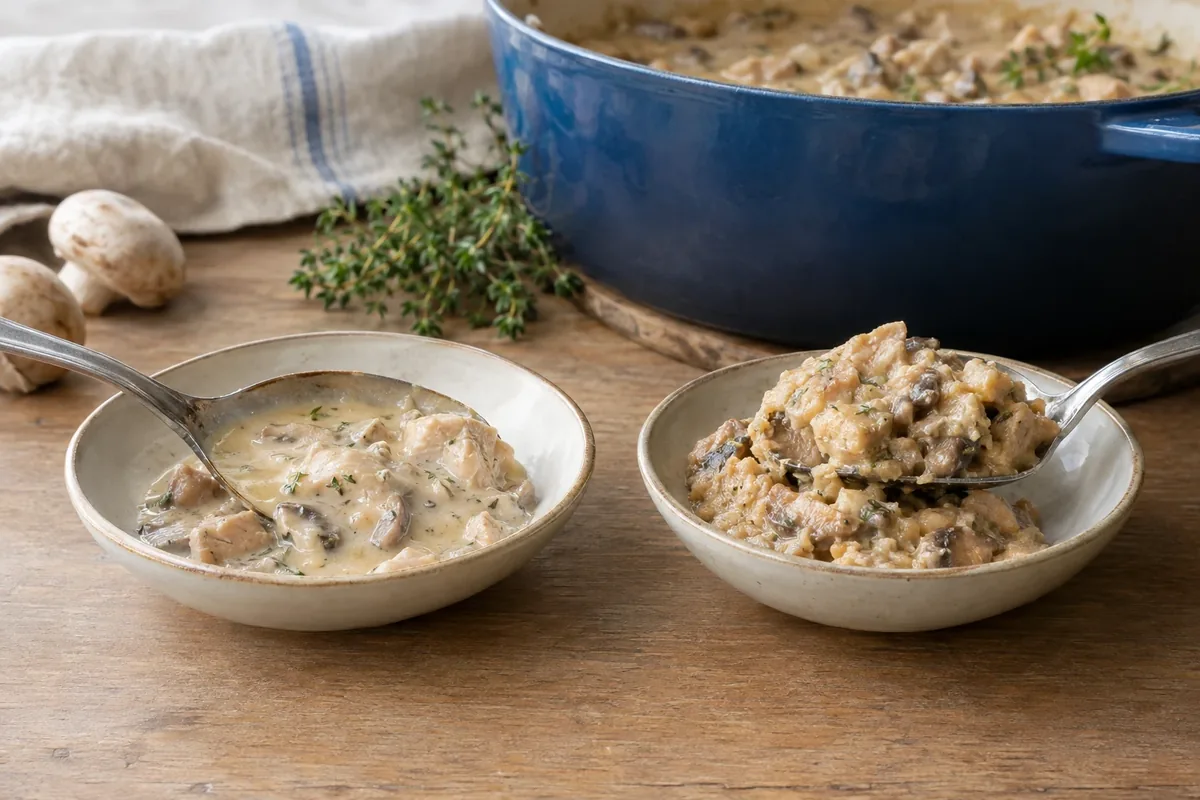 Twee schaaltjes ragout met een lepel erin, links dun en lopend, rechts dik