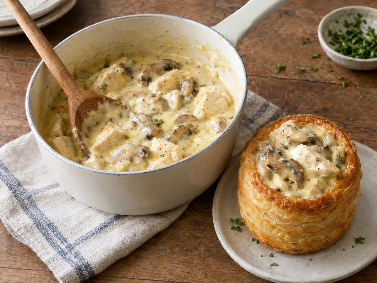 Pan met romige ragout naast een gevuld bladerdeegpasteitje