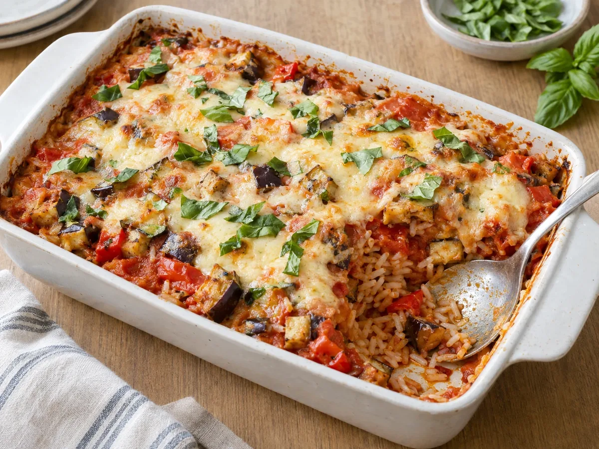 Ovenschaal met een rijstschotel met tomaat en aubergine onder gesmolten kaas, waaruit een schep is genomen