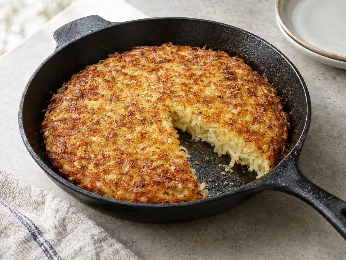 Een ronde rösti met goudbruine korst in een koekenpan, met een punt eruit gesneden