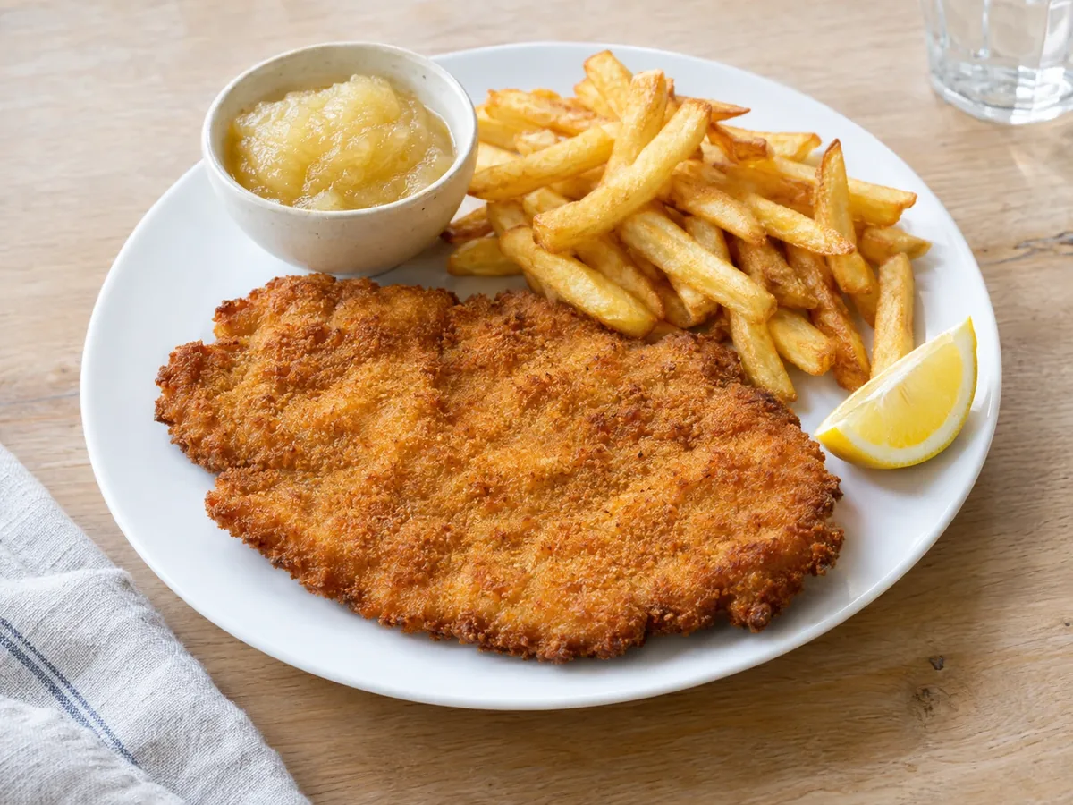 Goudbruin gebakken schnitzel met een partje citroen, friet en appelmoes op een bord