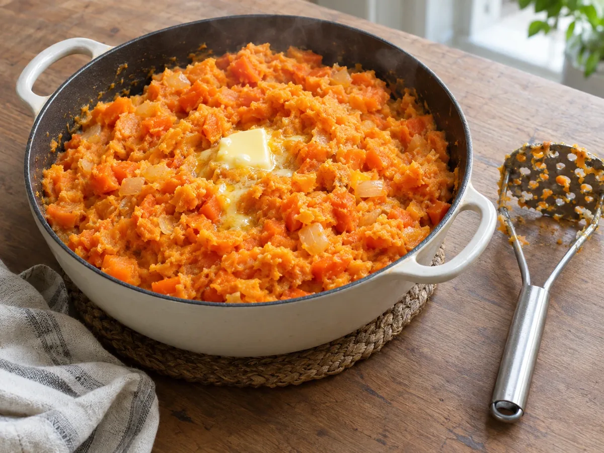Pan met grof gestampte hutspot van zoete aardappel en winterwortel met een klontje boter