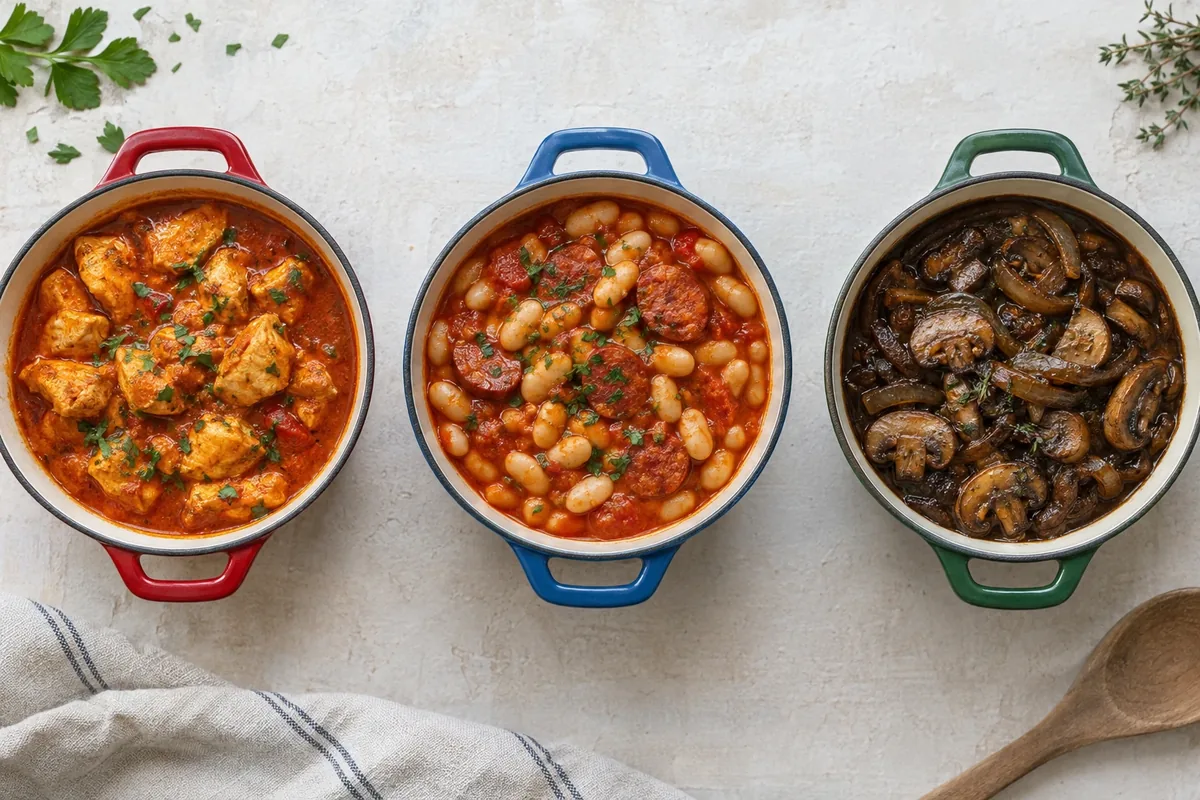 Drie kleine stoofpannetjes naast elkaar met kip, bonen en champignons