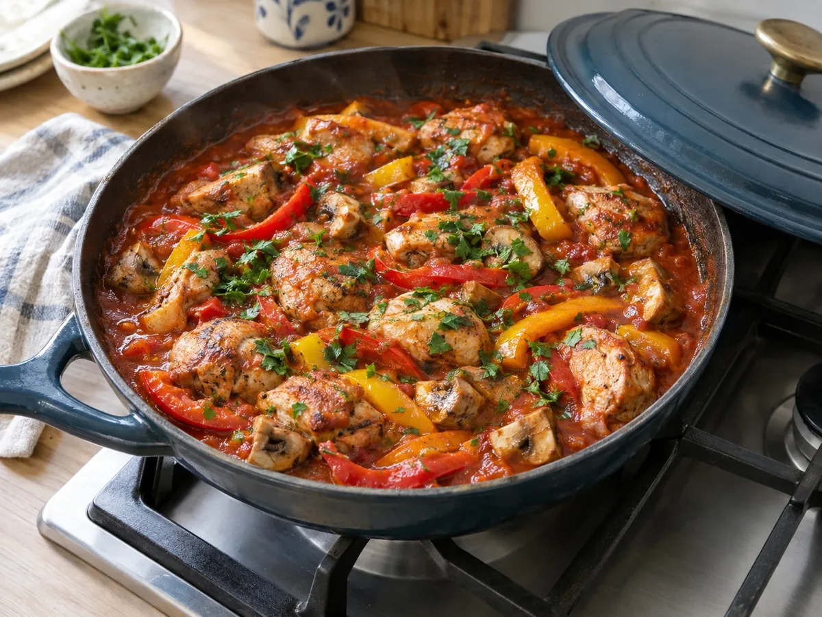 Hapjespan met stukken kip, repen paprika en champignons in tomatensaus