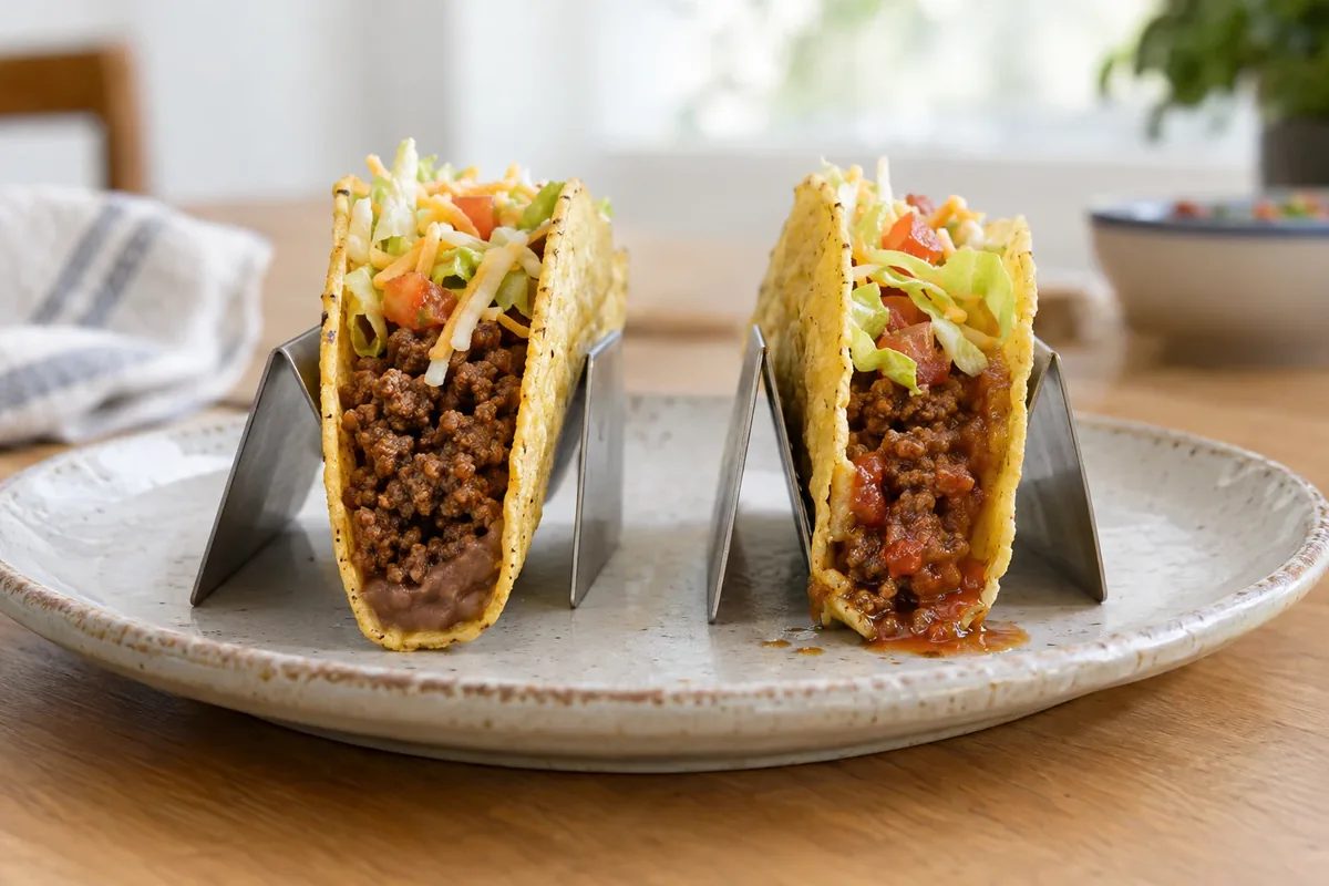 Een taco met een dunne laag bonenpuree onderin naast een taco waarvan de vulling eruit zakt