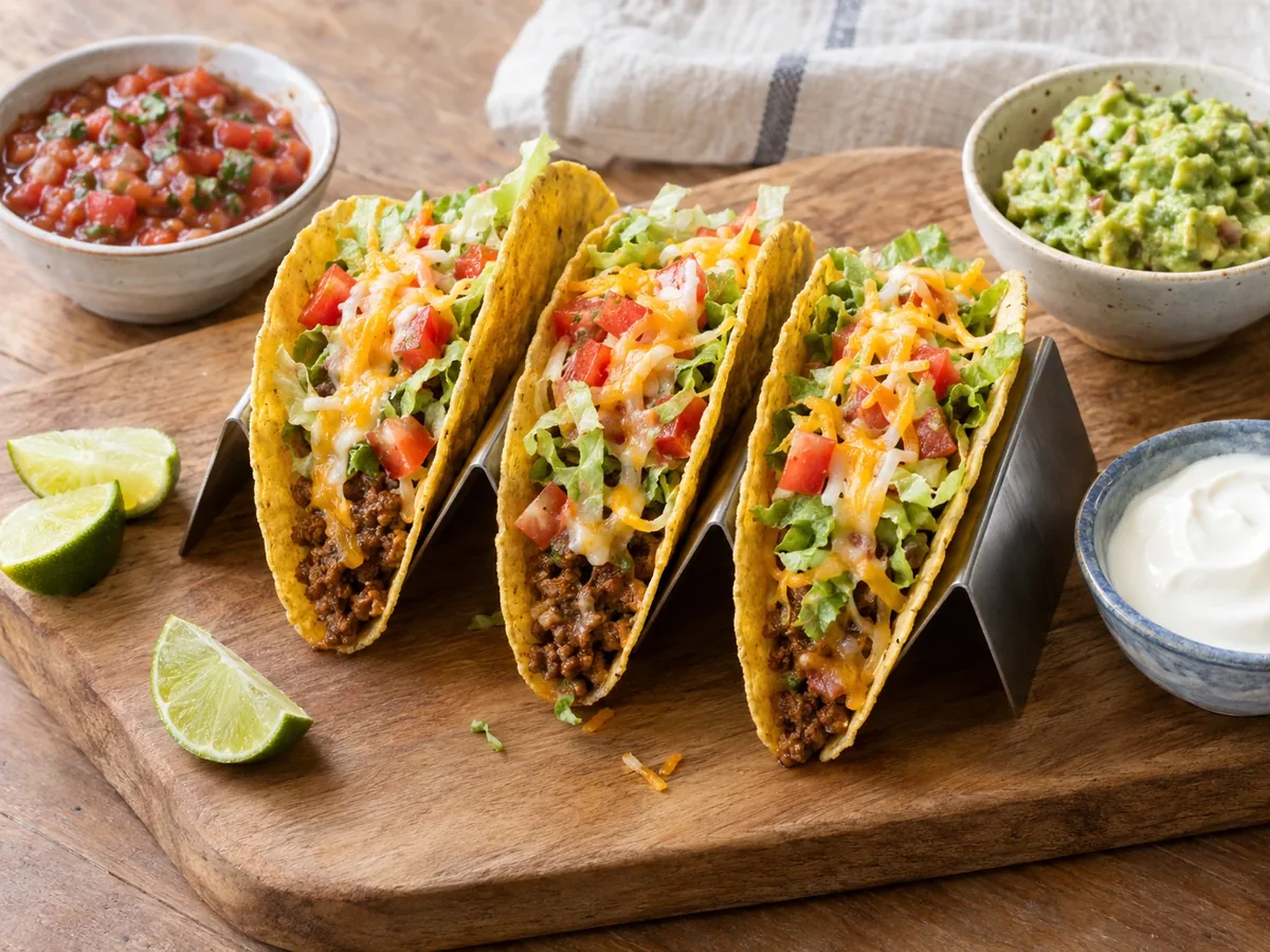 Drie gevulde taco's op een plank met kommetjes salsa, guacamole en zure room ernaast