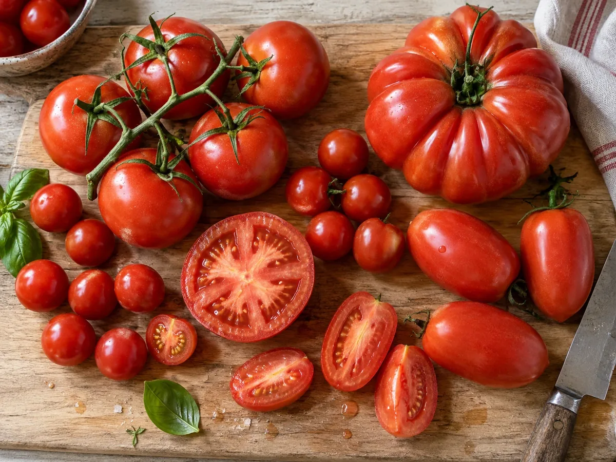 Verschillende soorten tomaten naast elkaar op een houten plank, heel en doorgesneden
