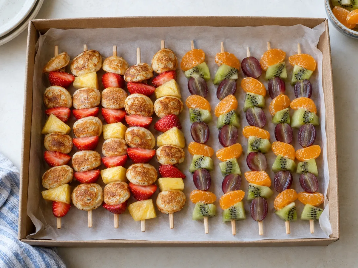 Lage doos met poffertjesspiesjes en fruitstokjes, plat naast elkaar op bakpapier
