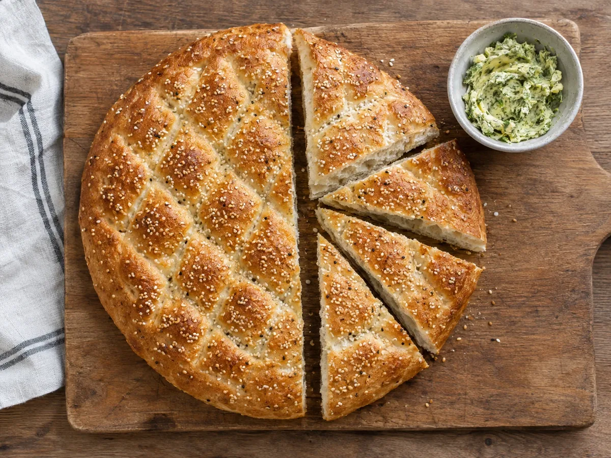 Rond Turks brood met sesam, in punten gesneden op een plank