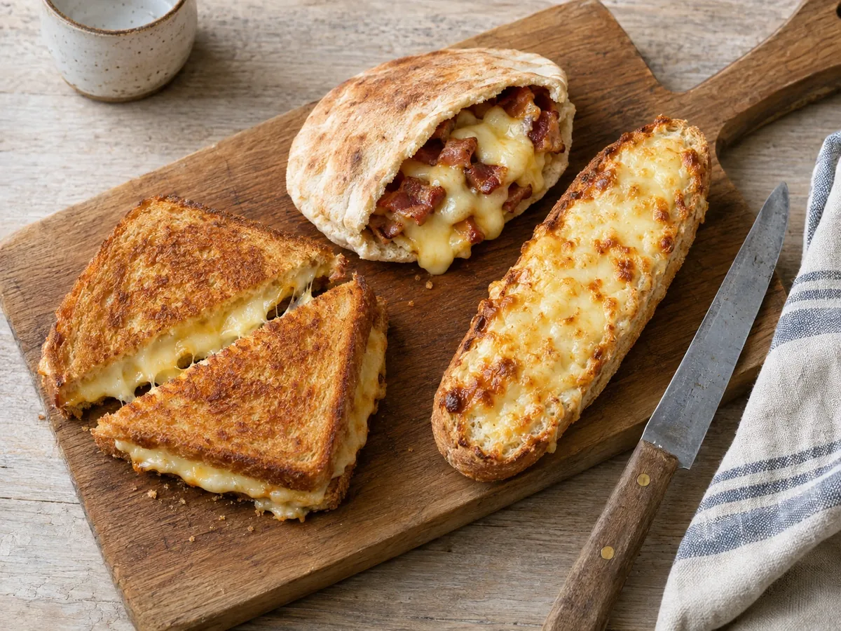 Warme broodjes op een plank: een doorgesneden tosti, een gevuld pitabroodje en een gegratineerd broodje