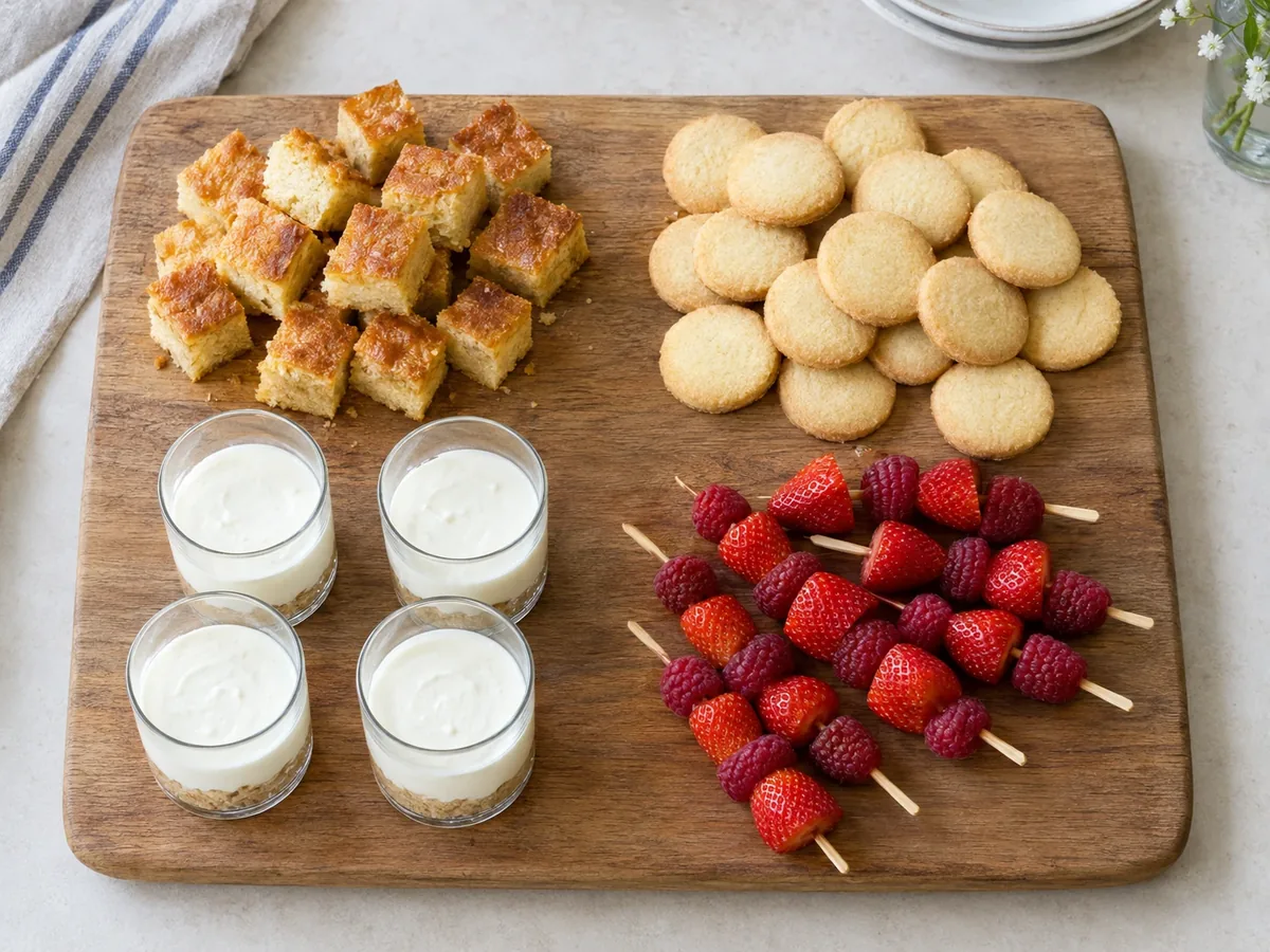 Een plank met blokjes boterkoek, koekjes, glaasjes toetje en fruit