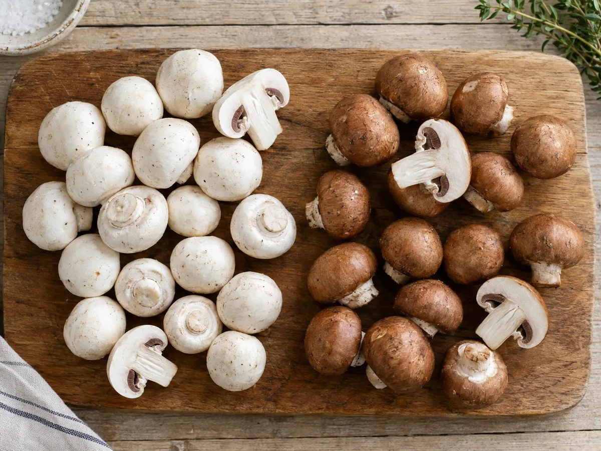 Witte champignons en kastanjechampignons naast elkaar, een paar doorgesneden