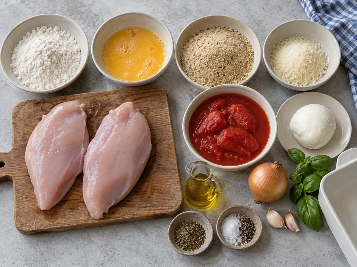 Kipfilet, bloem, eieren, paneermeel, parmezaanse kaas, tomaten uit blik en mozzarella op een aanrecht