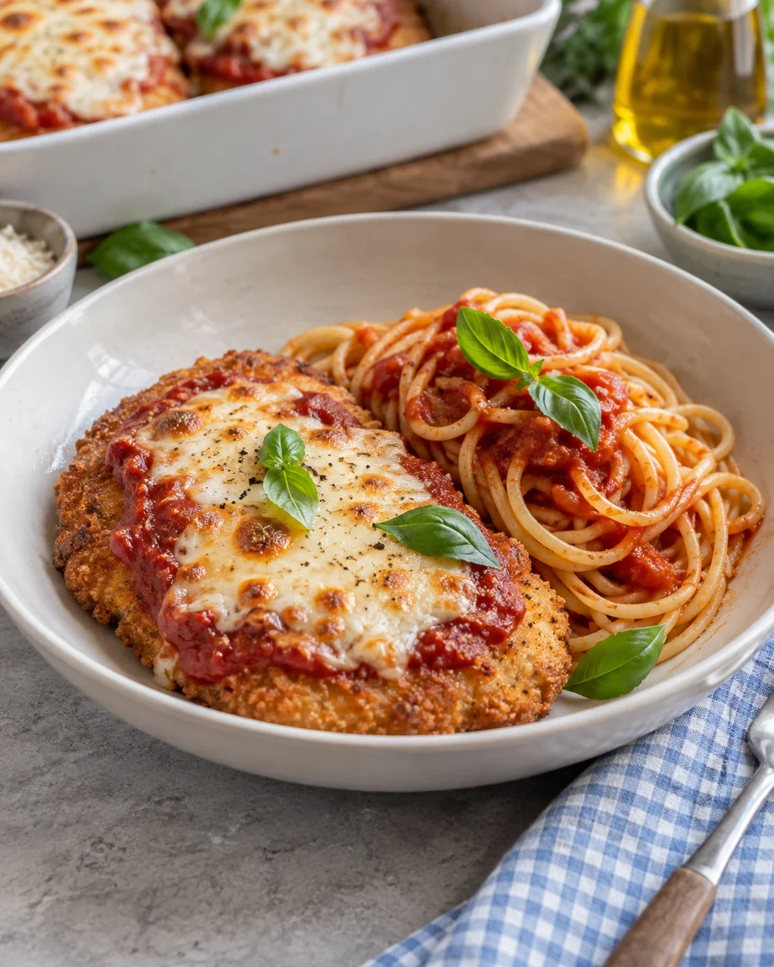 Bord met een gepaneerde kiplap met tomatensaus en gesmolten kaas, met spaghetti ernaast