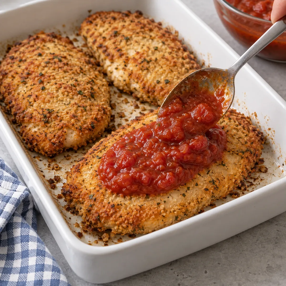 Tomatensaus wordt op het midden van een gebakken kiplap geschept, met een krokante rand eromheen