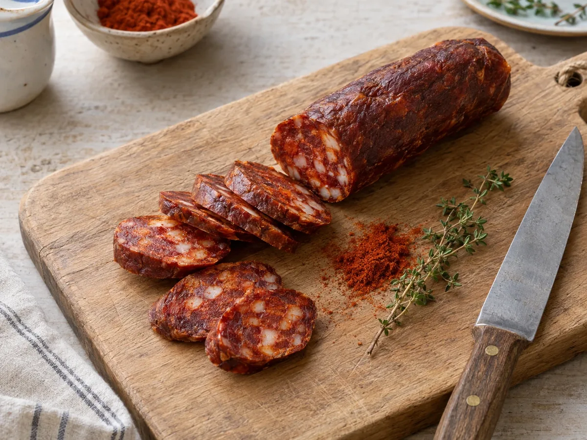 Chorizoworst deels in plakjes gesneden op een houten plank