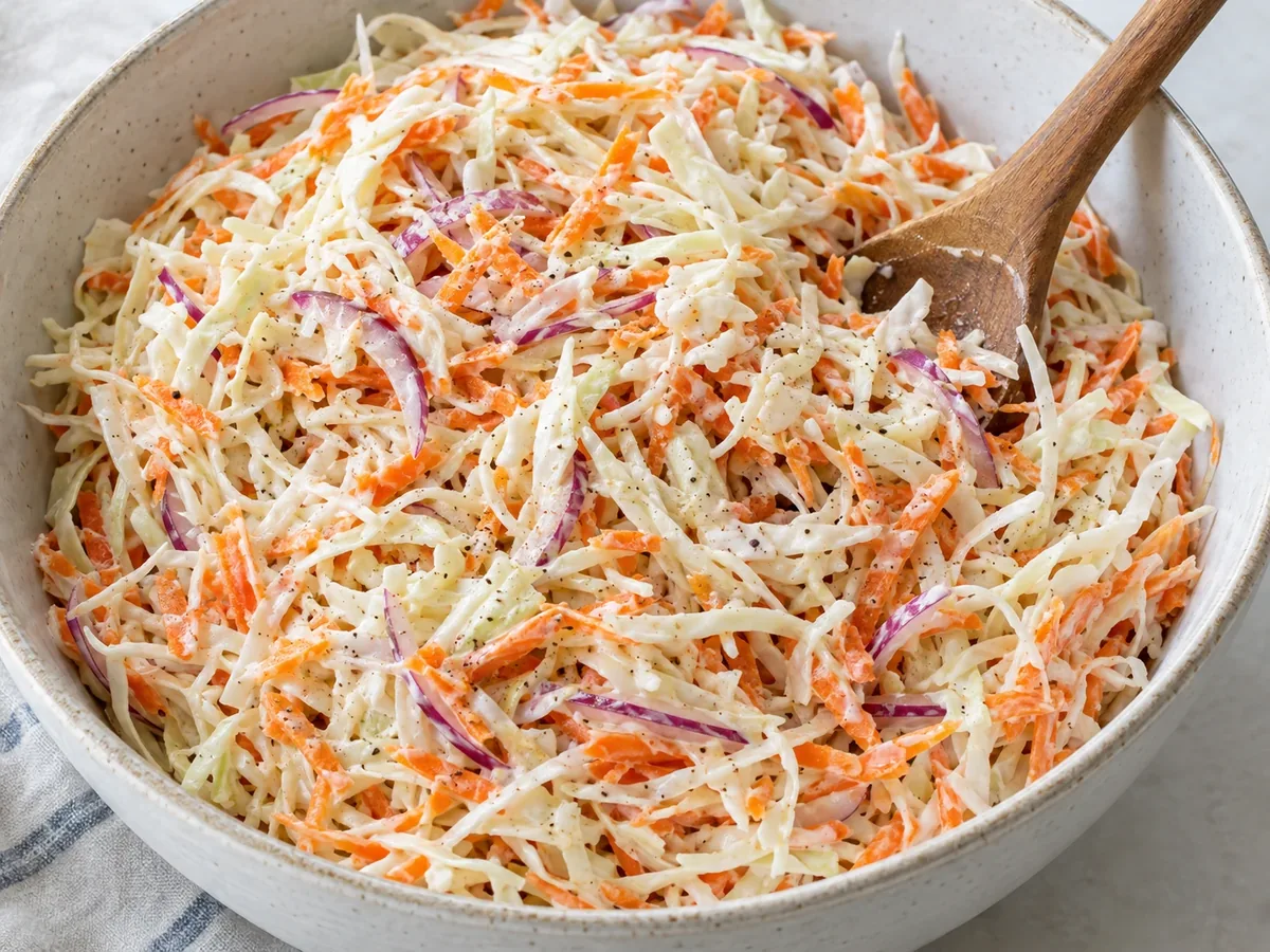 Kom frisse coleslaw met wortel en rode ui, glanzend van de dressing