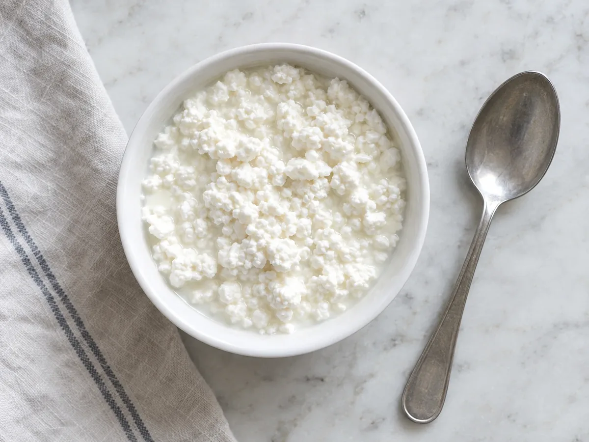 Kom cottage cheese met losse korrels, een lepel ernaast