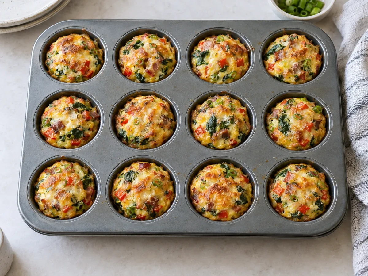 Twaalf eiermuffins met spek, paprika en kaas in een muffinvorm