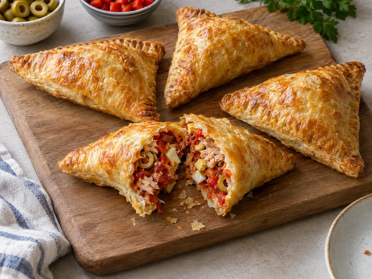 Goudbruine driehoekige empanada's met tonijn, één opengebroken